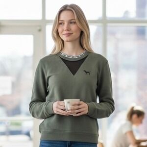 PINK Victoria's Secret Green Mesh V Neck Dog Logo‎ Crewneck Sweatshirt Juniors S